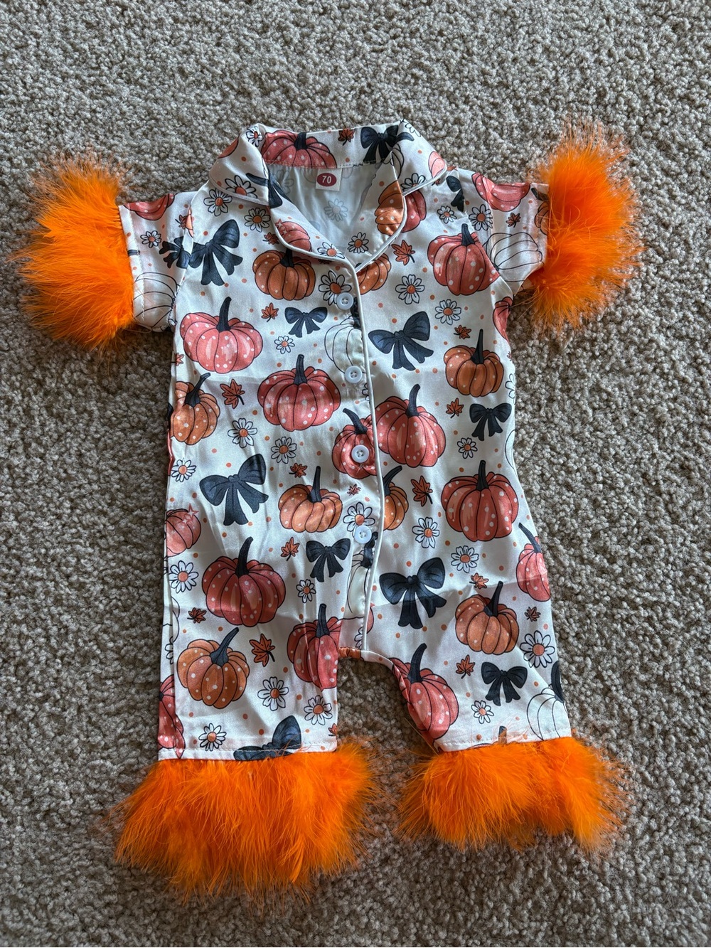 Pumpkin Print Baby Romper with Orange Feather Trim